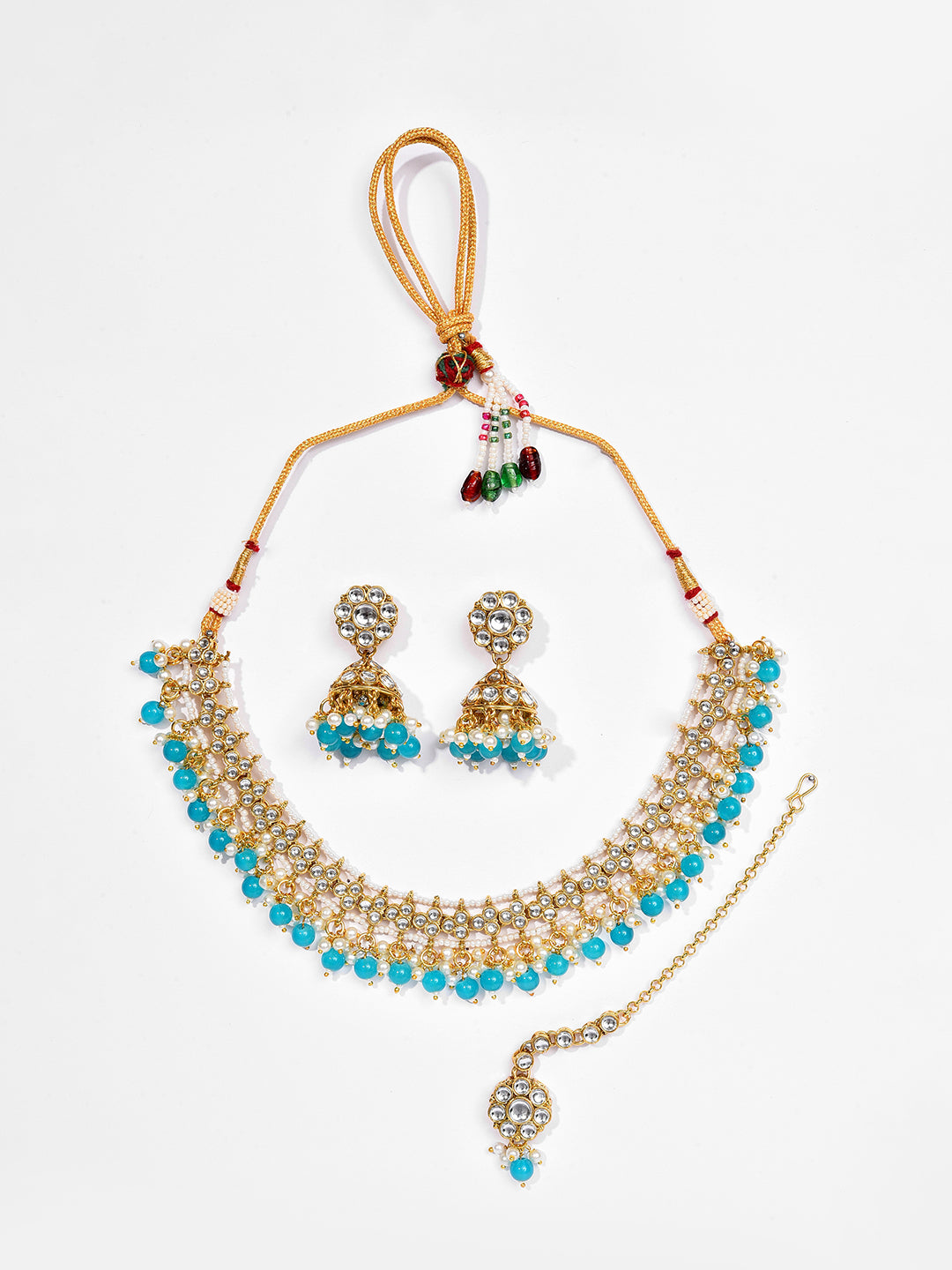 Gold Plated Designer Stone Beaded Necklace, Earrings and Maang Tikka Set