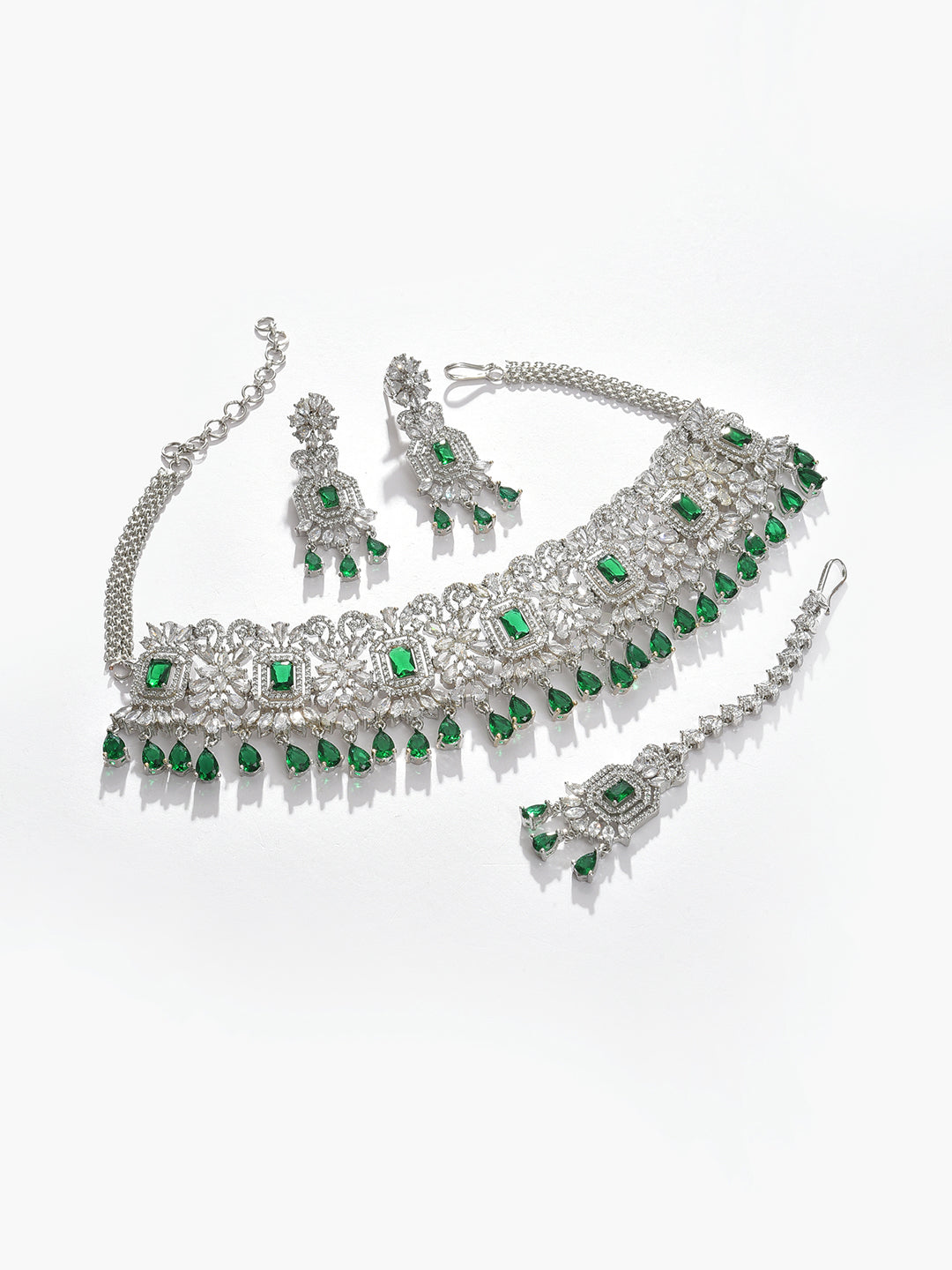 Silver Plated Designer Stone Necklace, Earrings and Maang Tikka Set Jewellery Set