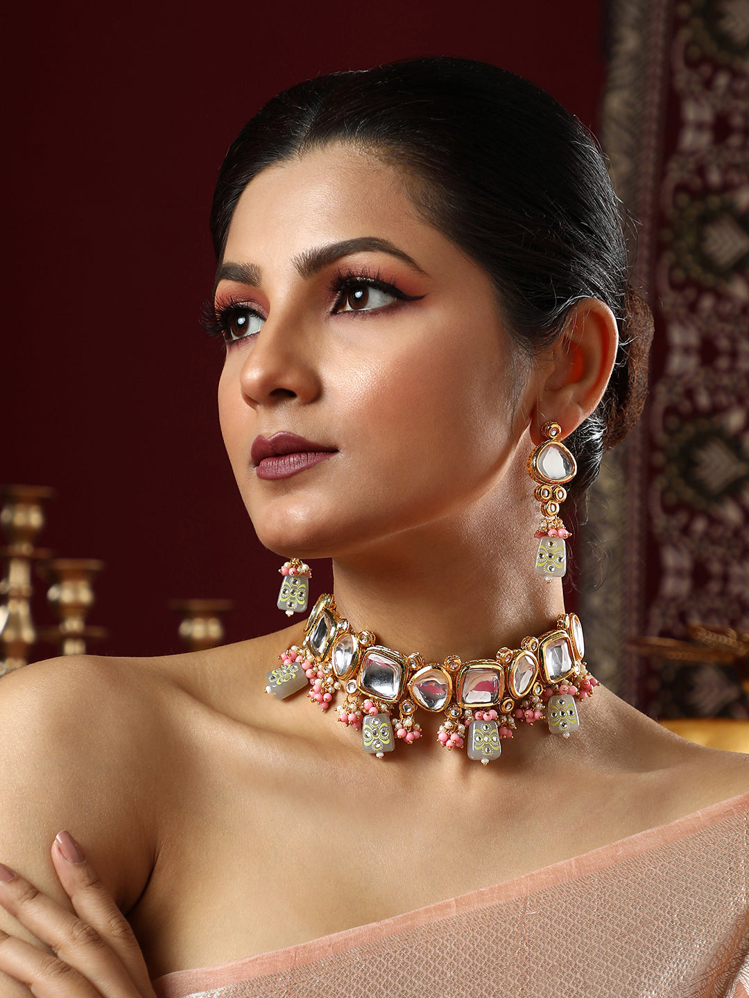 The Azra Jewellery Set - Cloud Grey & Bubblegum Pink-SOHNCK2159