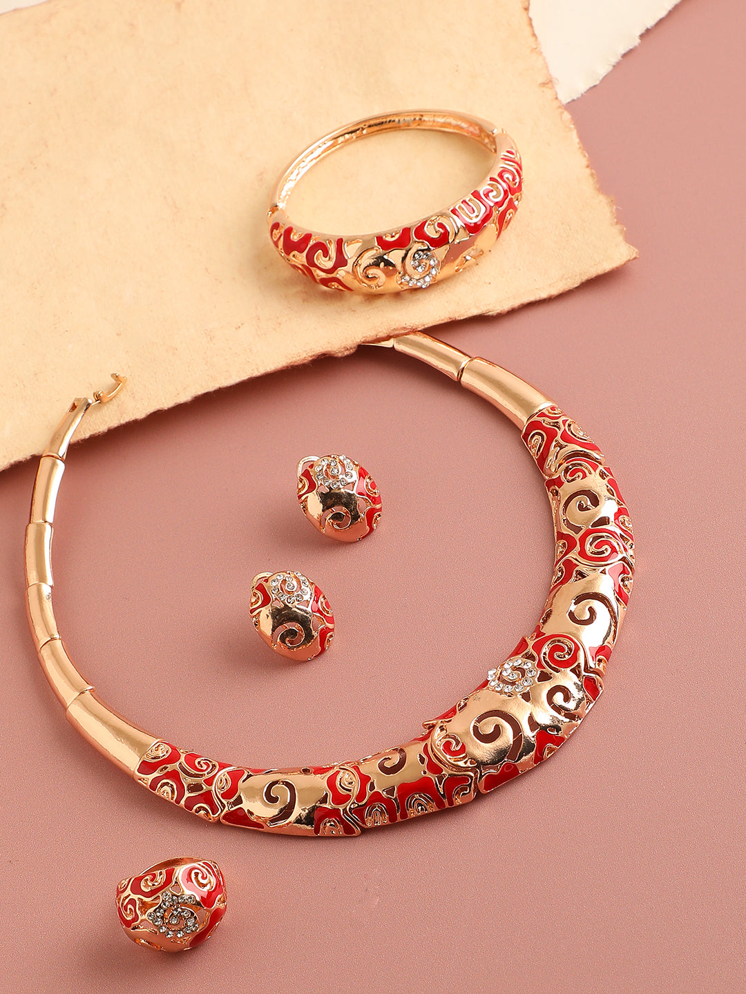 RED ENAMEL GOLD PLATED JEWELLERY SET