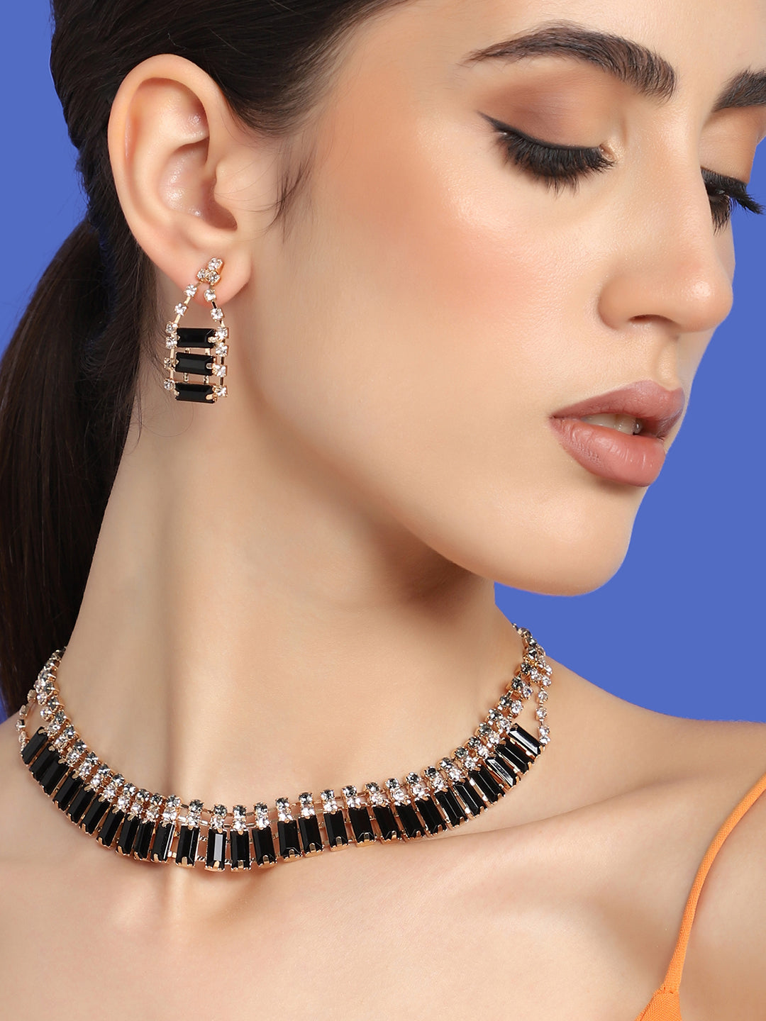 GOLD PLATED PARTY DESIGNER STONE NECKLACE AND EARRING SET FOR WOMEN