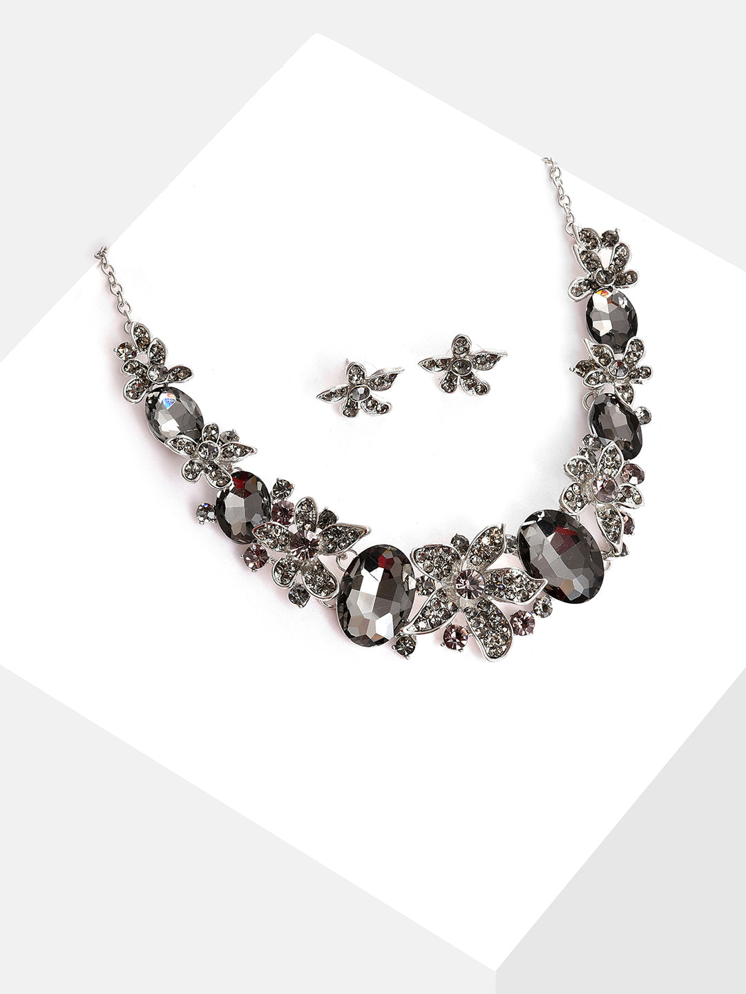 Silver Plated Designer Stone Necklace and Earring Set