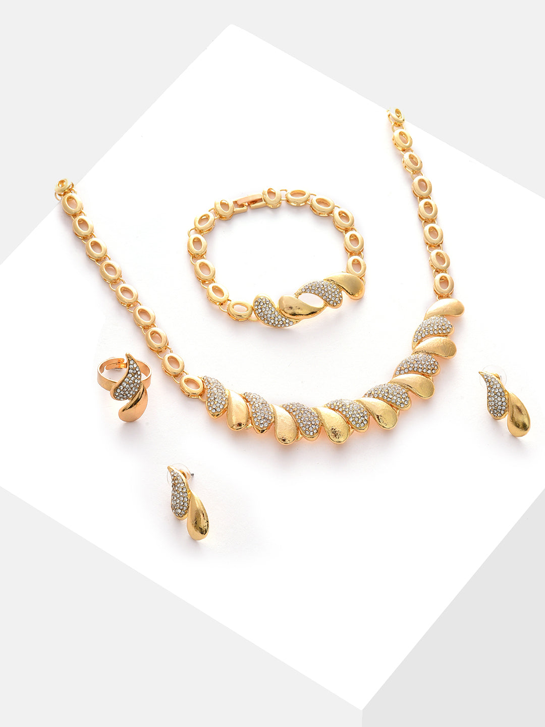 Gold Plated Designer Stone Necklace, Earrings, Bracelet and Ring Set Jewellery Set