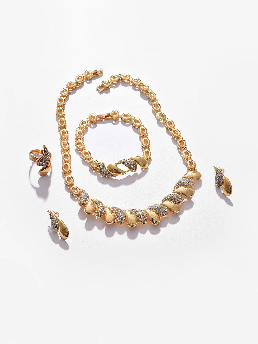 Gold Plated Designer Stone Necklace, Earrings, Bracelet and Ring Set Jewellery Set