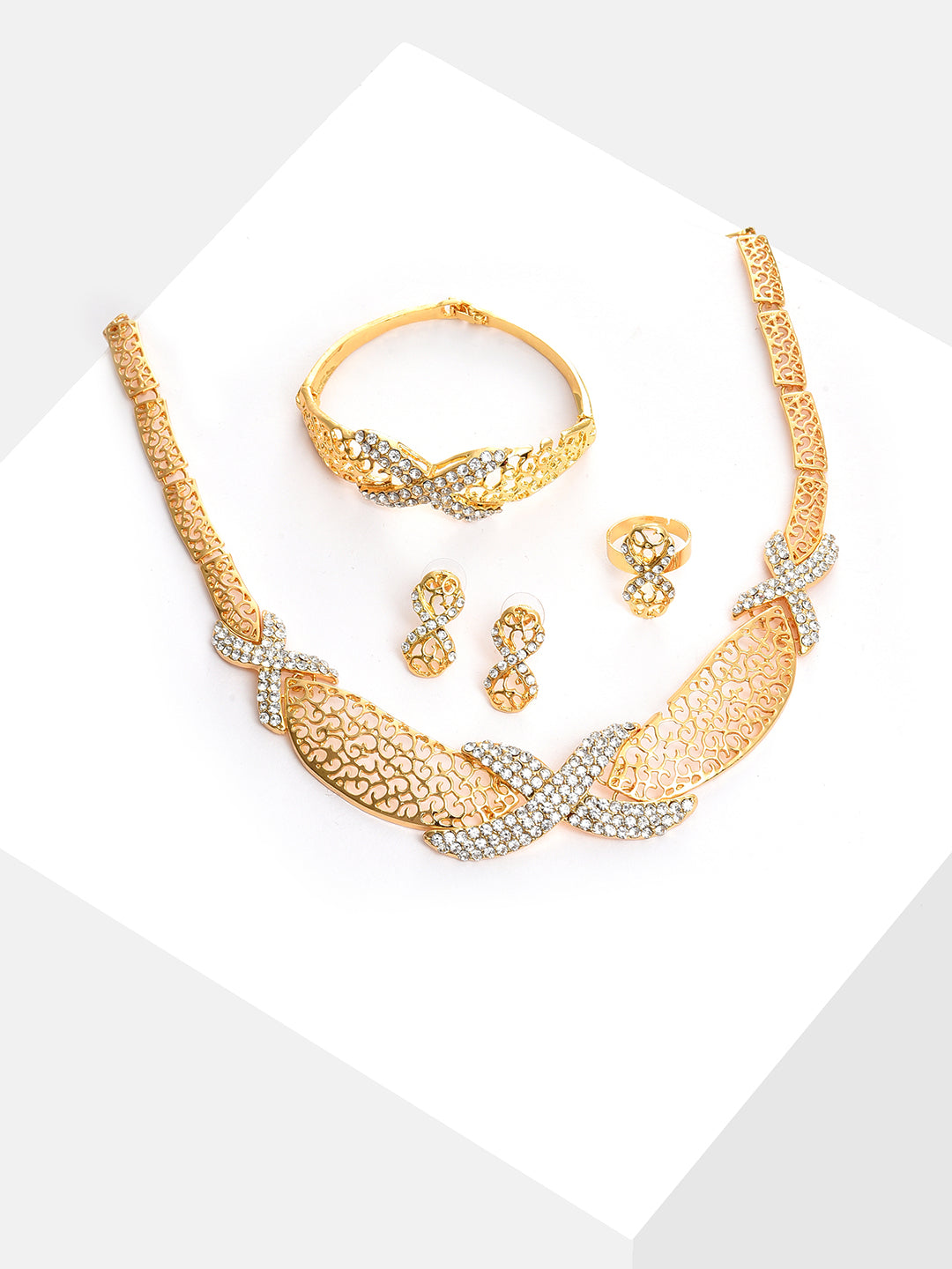 Gold Plated Designer Stone Necklace, Earrings, Bracelet and Ring Set Jewellery Set