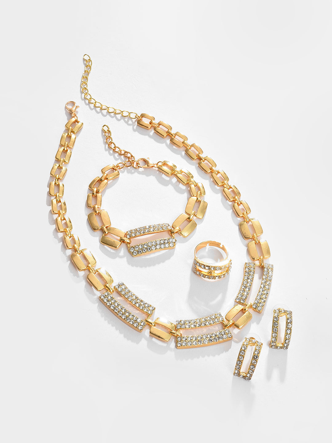 Gold Plated Designer Stone Necklace, Earrings, Bracelet and Ring Set Jewellery Set