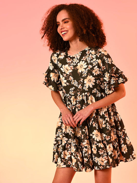Green & Beige Floral Print Tiered Dress