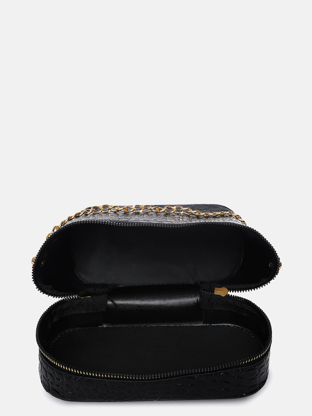 BLACK TEXTURED VEGAN LEATHER STRUCTURED SHOULDER BAG WITH QUILTED