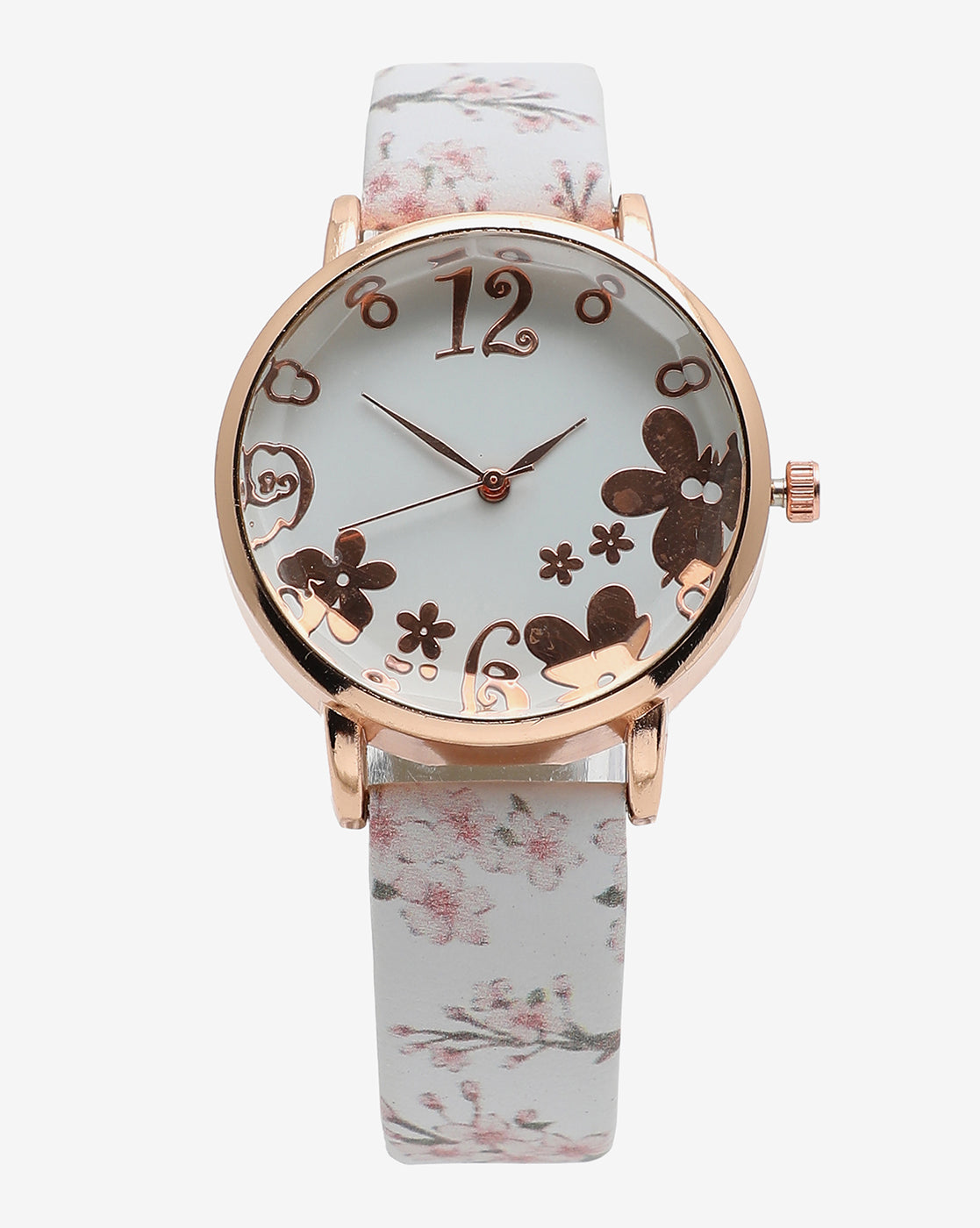 White & Gold Decorative Analog Round Dial With Floral Printed Leather Strap