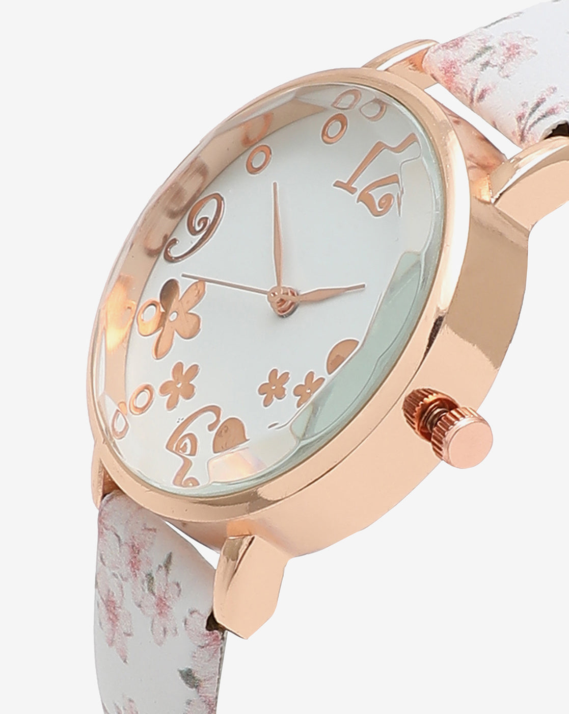 White & Gold Decorative Analog Round Dial With Floral Printed Leather Strap