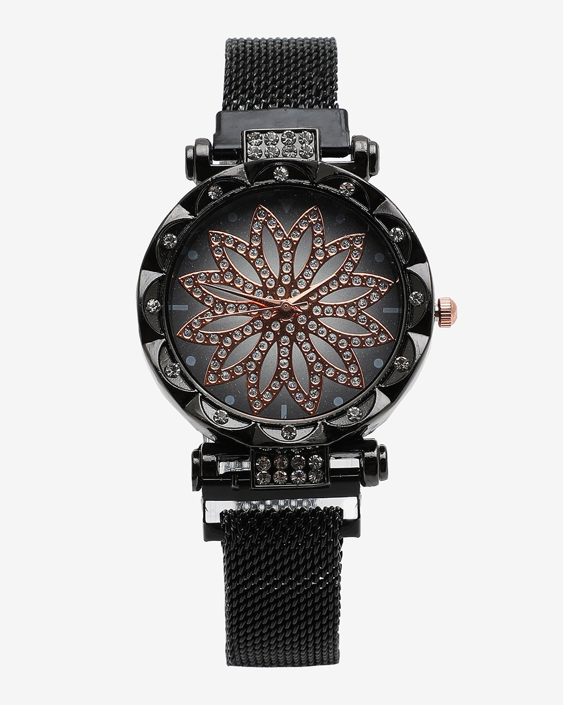 Black Crystal Stone Decorative Analog Round Dial With Black Metal Mesh Strap