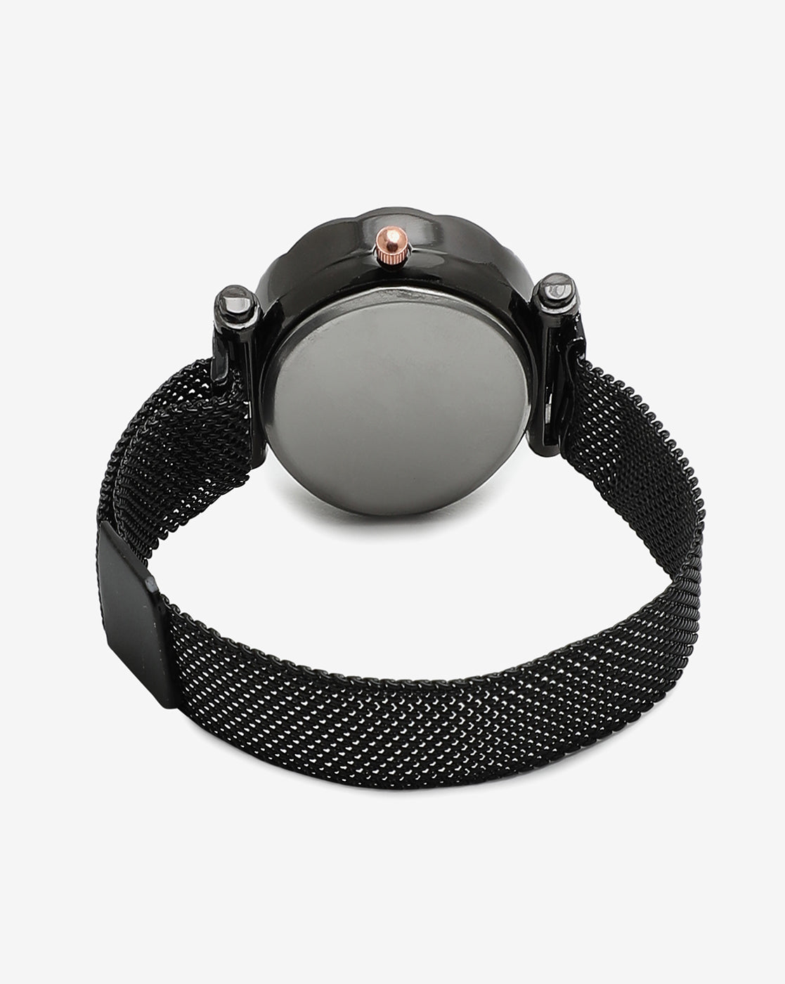 Black Crystal Stone Decorative Analog Round Dial With Black Metal Mesh Strap