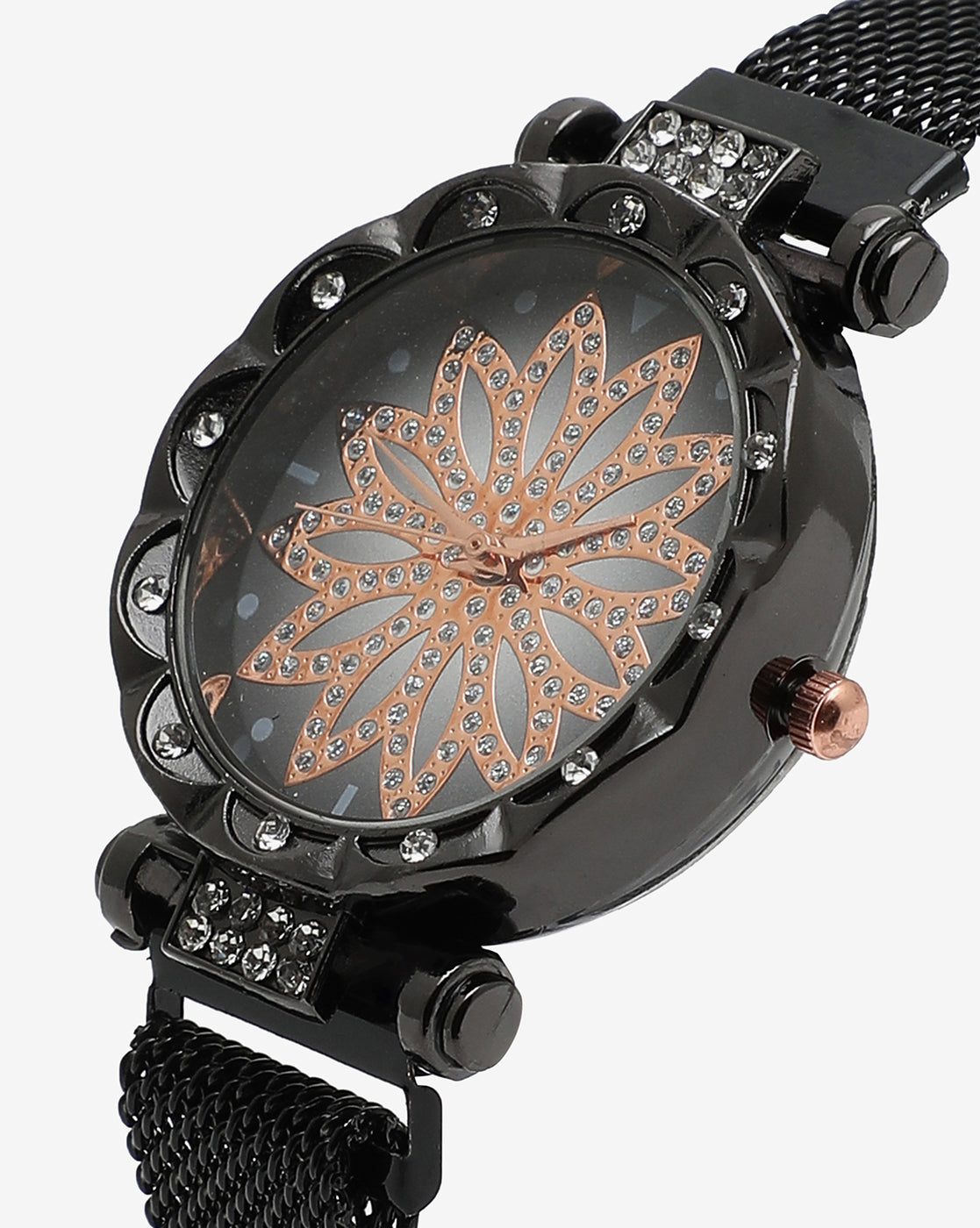 Black Crystal Stone Decorative Analog Round Dial With Black Metal Mesh Strap