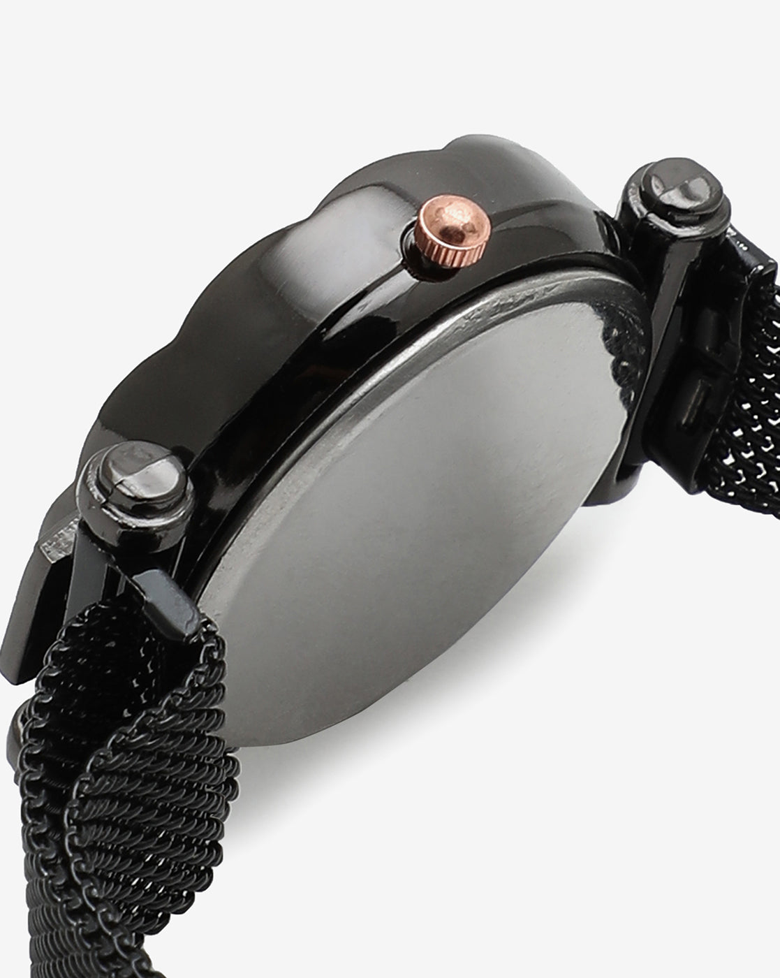 BLACK CRYSTAL STONE DECORATIVE ANALOG ROUND DIAL WITH BLACK METAL MESH STRAP
