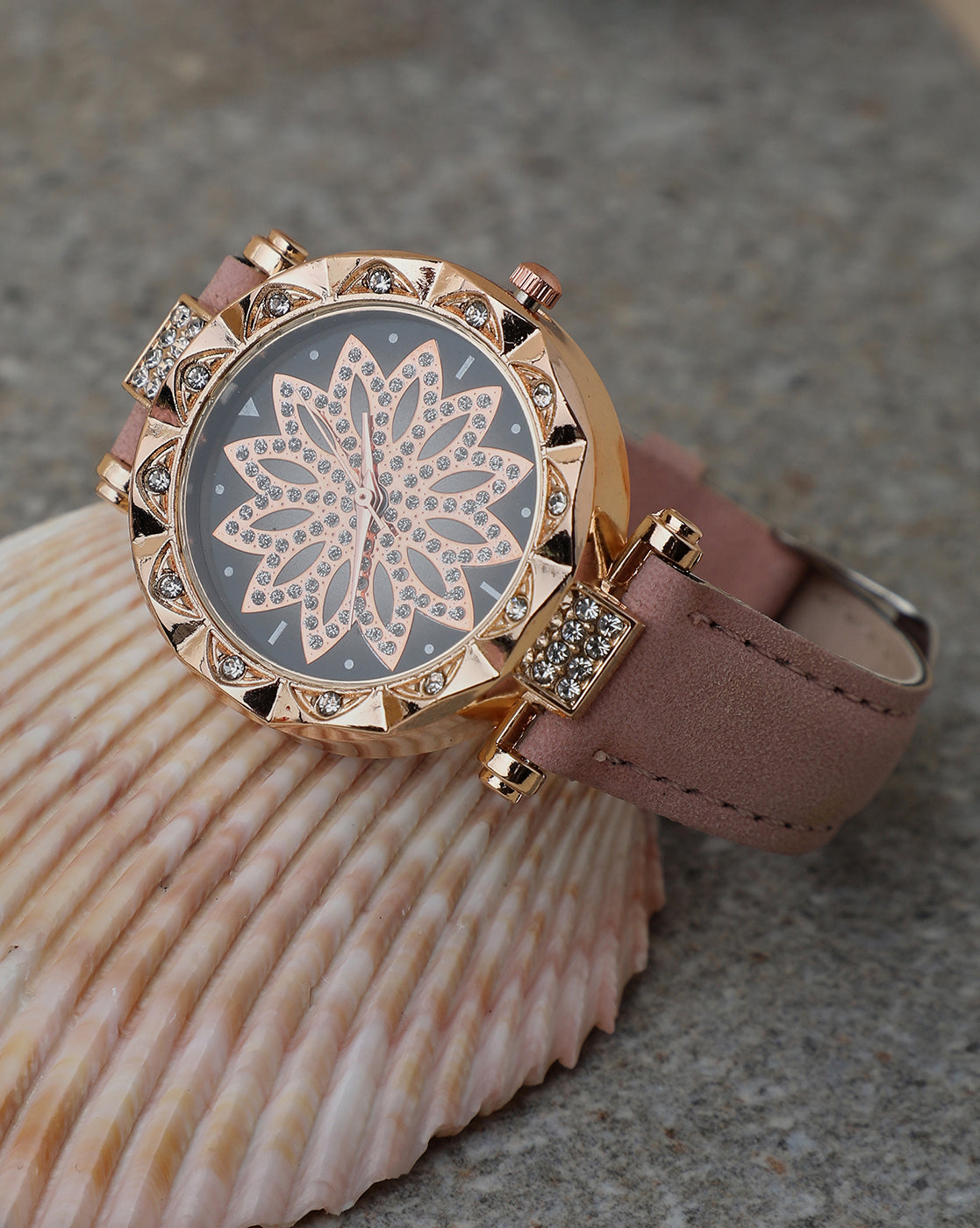 Black & Gold Crystal Stone Decorative Analog Round Dial With Pink Suede Strap