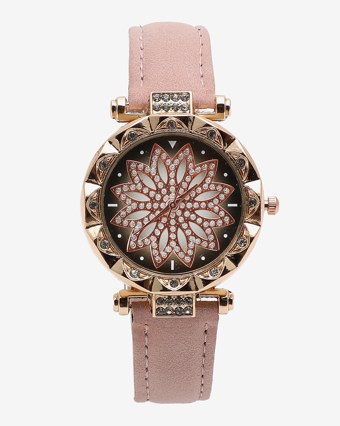 Black & Gold Crystal Stone Decorative Analog Round Dial With Pink Suede Strap