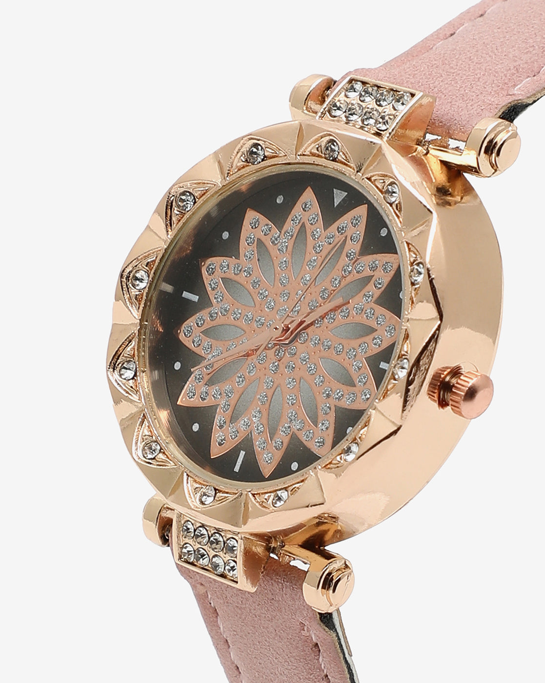 Black & Gold Crystal Stone Decorative Analog Round Dial With Pink Suede Strap