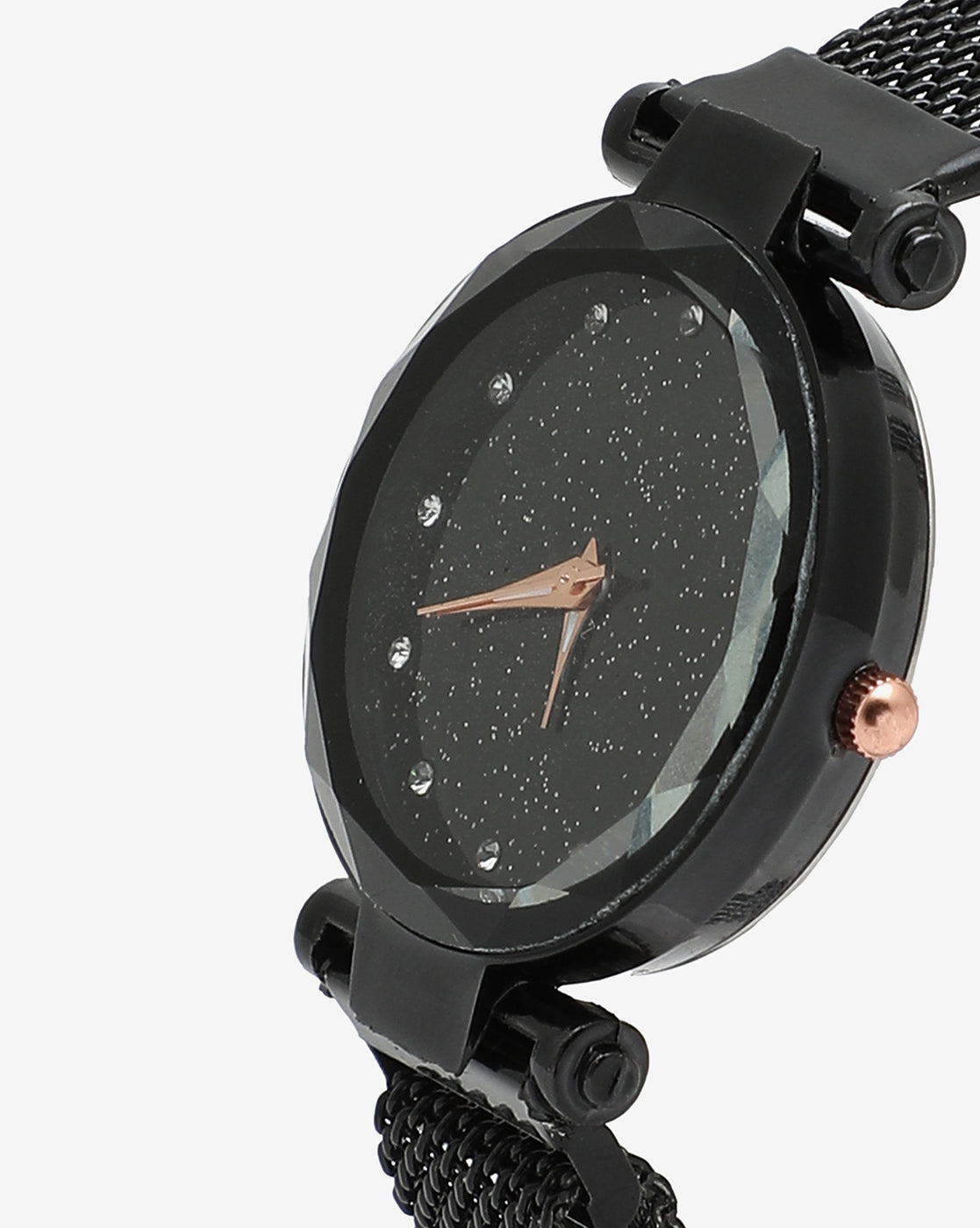 Black Analog Round Dial & Gold Hour Marker With Black Metal Mesh Strap