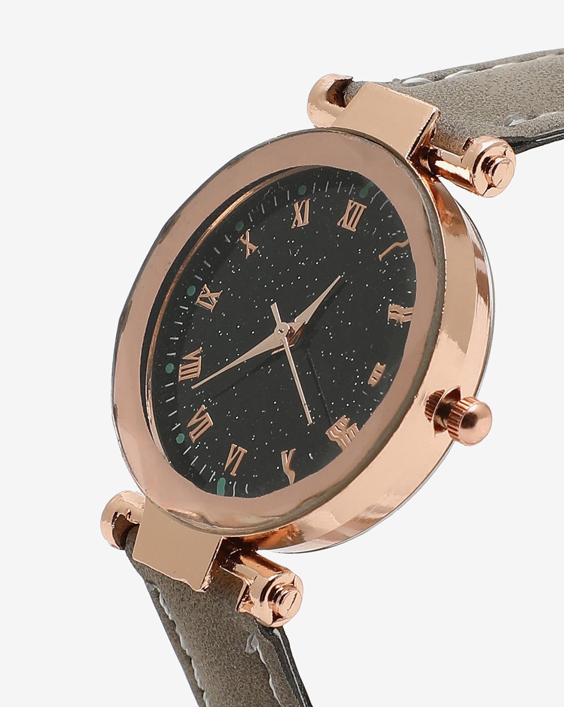 Black Analog Round Dial With Gold Hour Marker & Beige Suede Strap