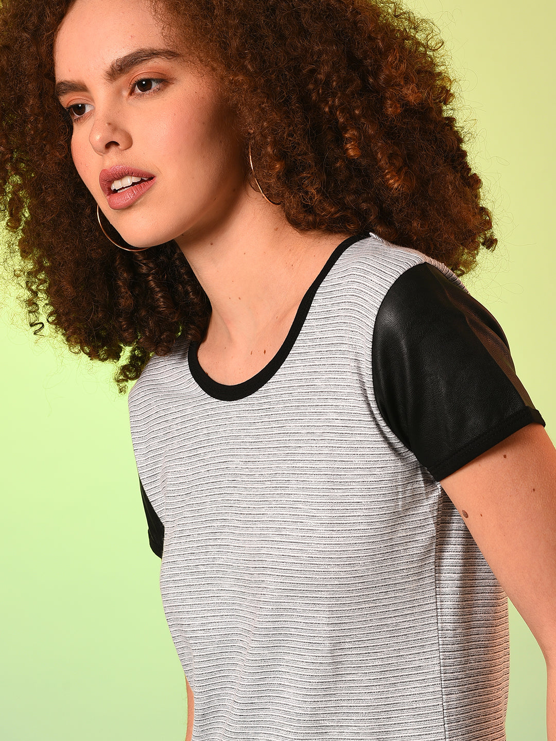 Grey Black Striped Round Neck Pure Cotton Top