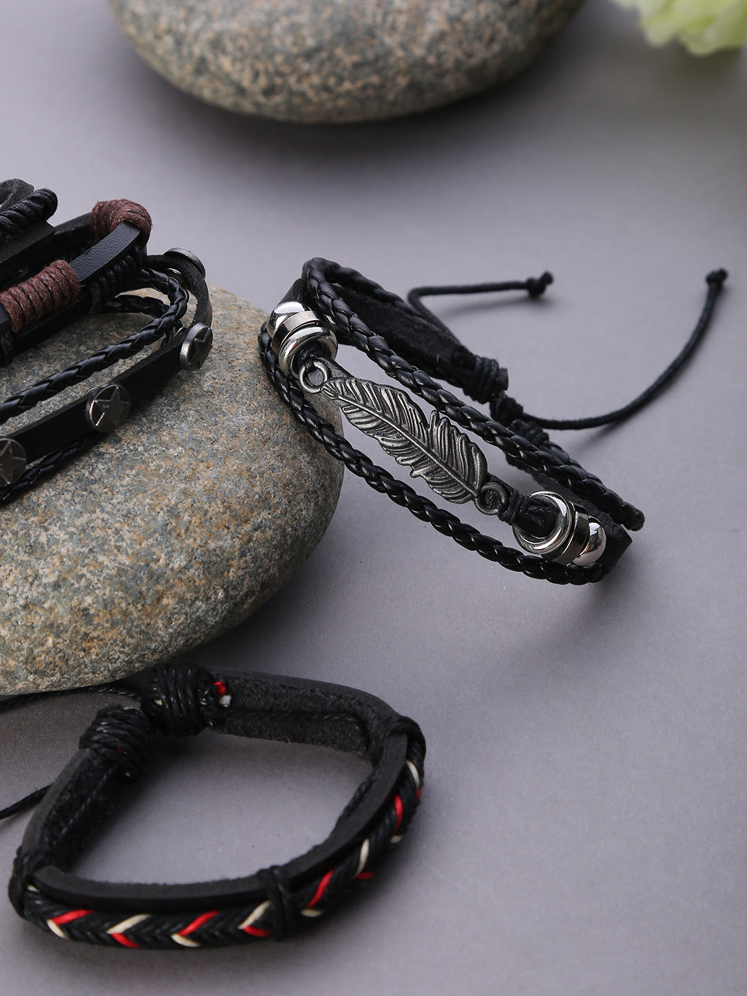Set of 4 Men Black Leather Bracelet