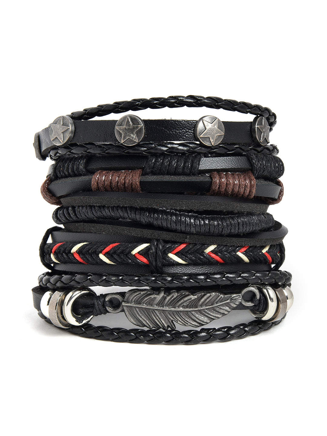 Set of 4 Men Black Leather Bracelet