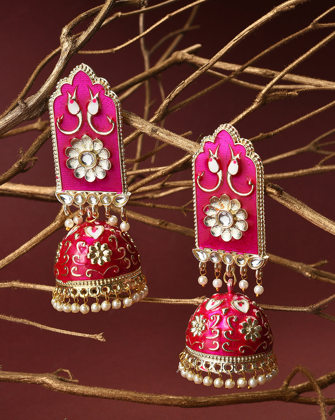 Women Pink Meenakari Jhumkas
