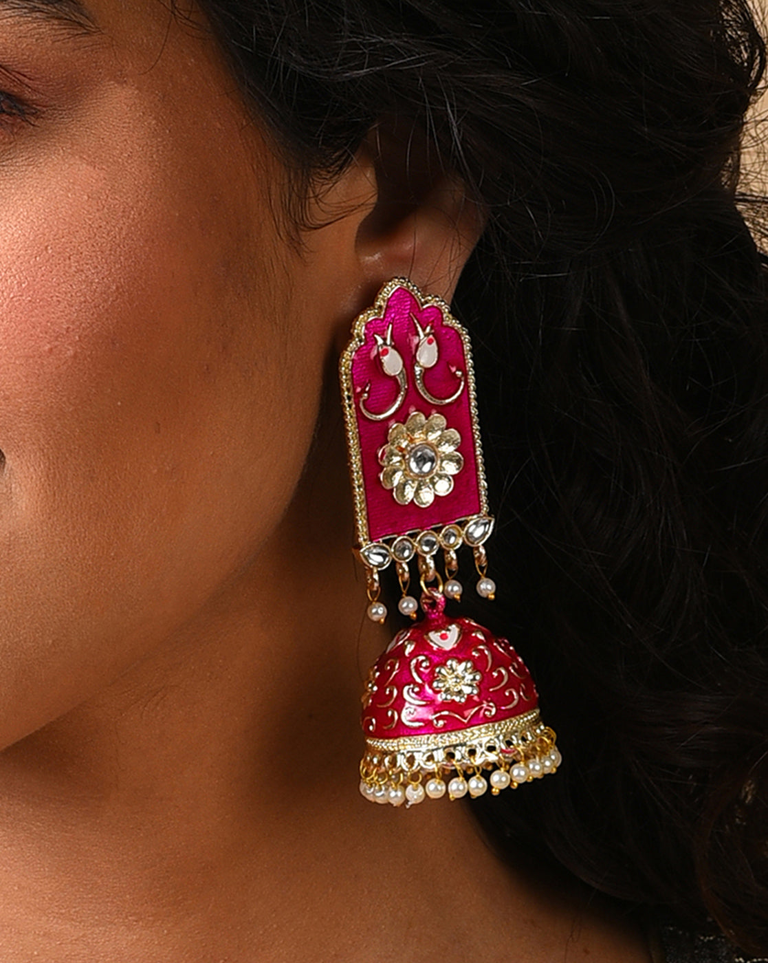 Women Pink Meenakari Jhumkas