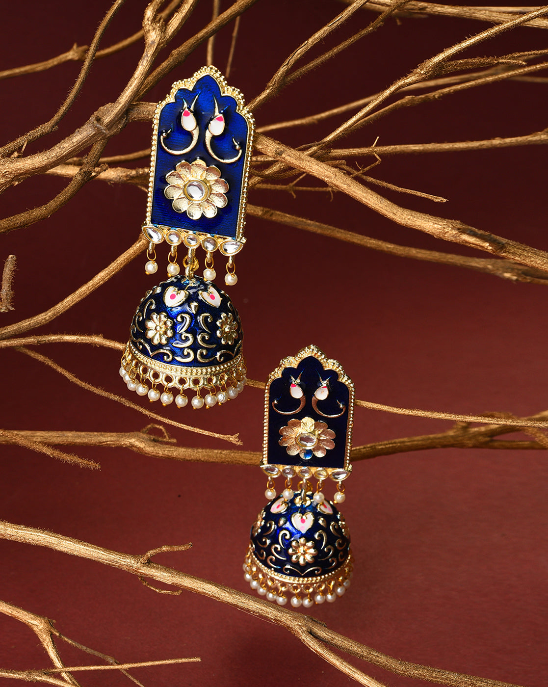 Women Royal Blue Meenakari Jhumkas