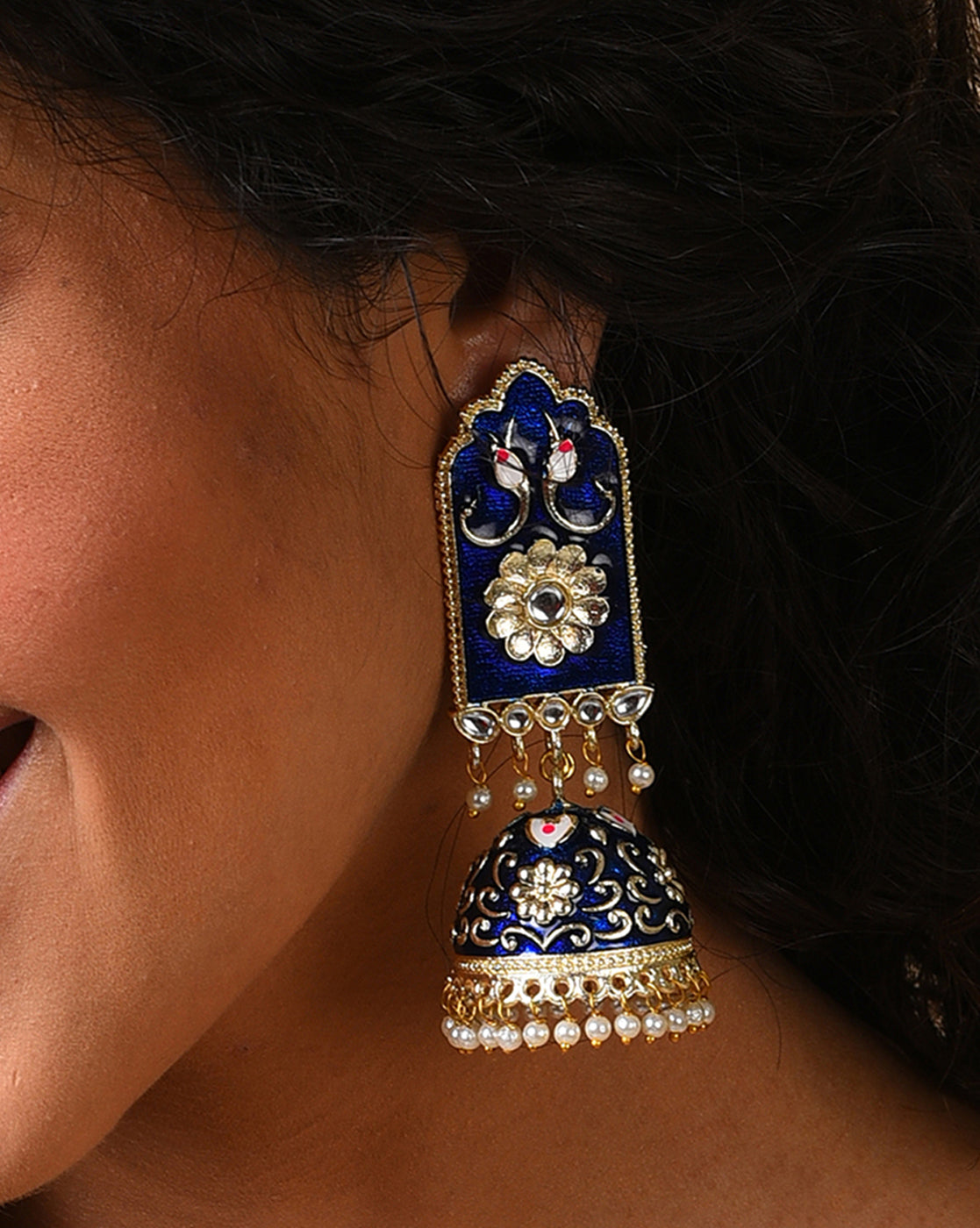 Women Royal Blue Meenakari Jhumkas