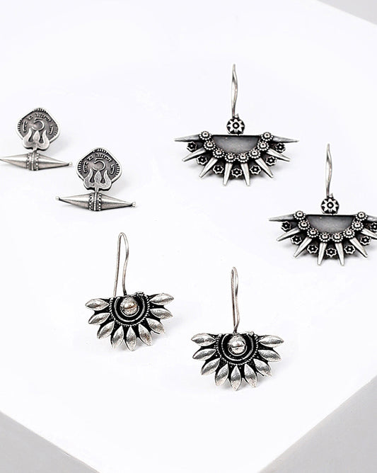 Pack of 3 Crescent Shaped Silver-Plated Drop Earrings