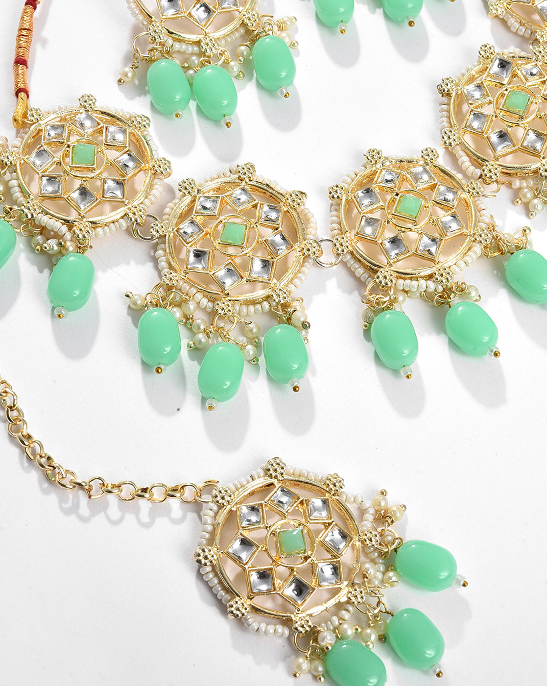 Gold Plated Kundan Beaded Necklace, Earrings and Maang Tikka Set