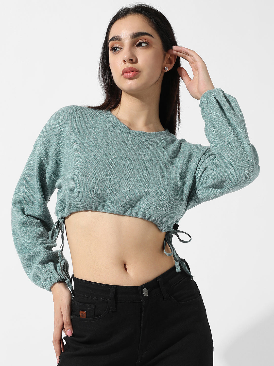 Solid Sage Green Cinched Crop Top