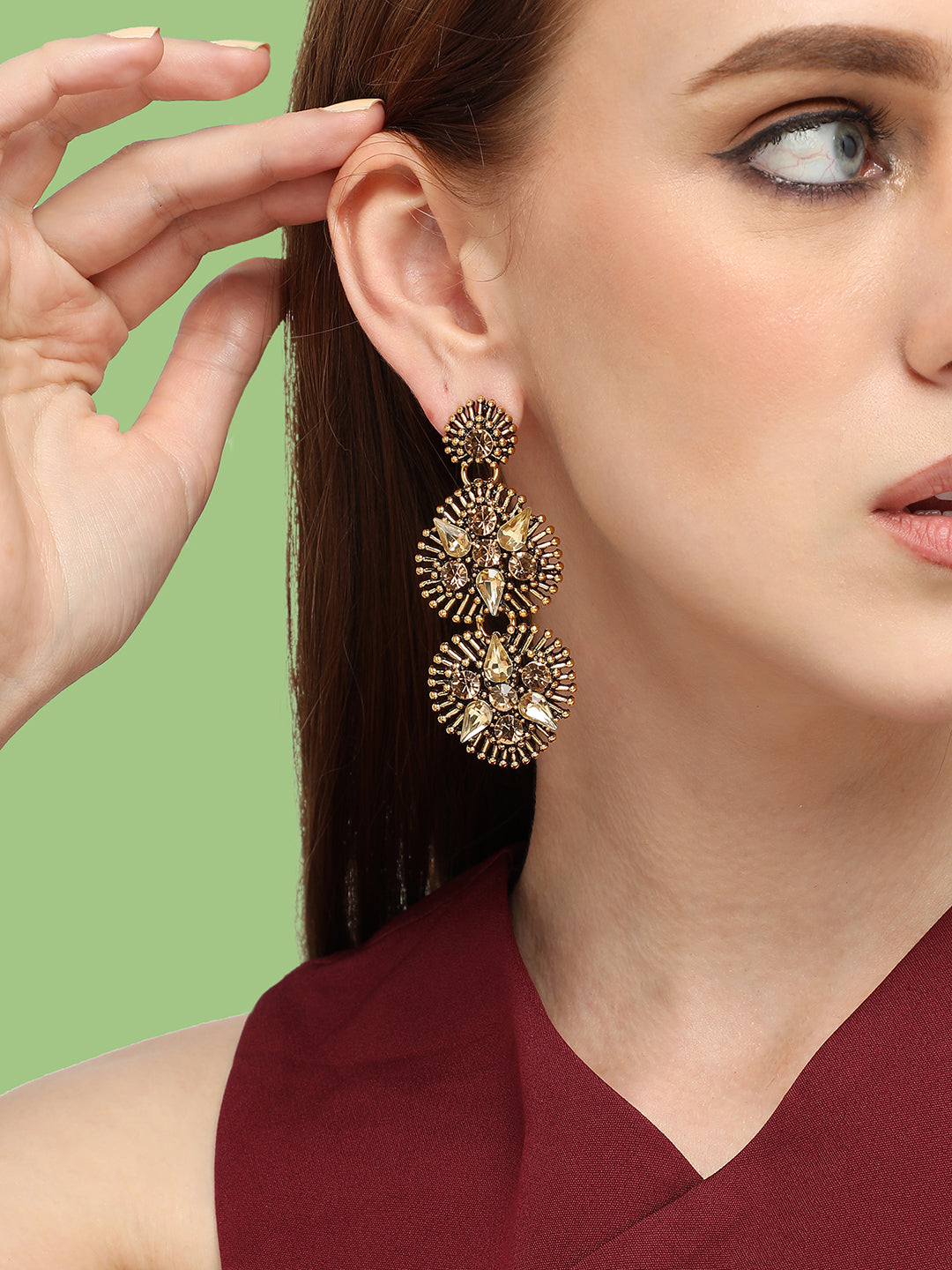 GOLD PLATED PARTY DESIGNER STONE DROP EARRING FOR WOMEN