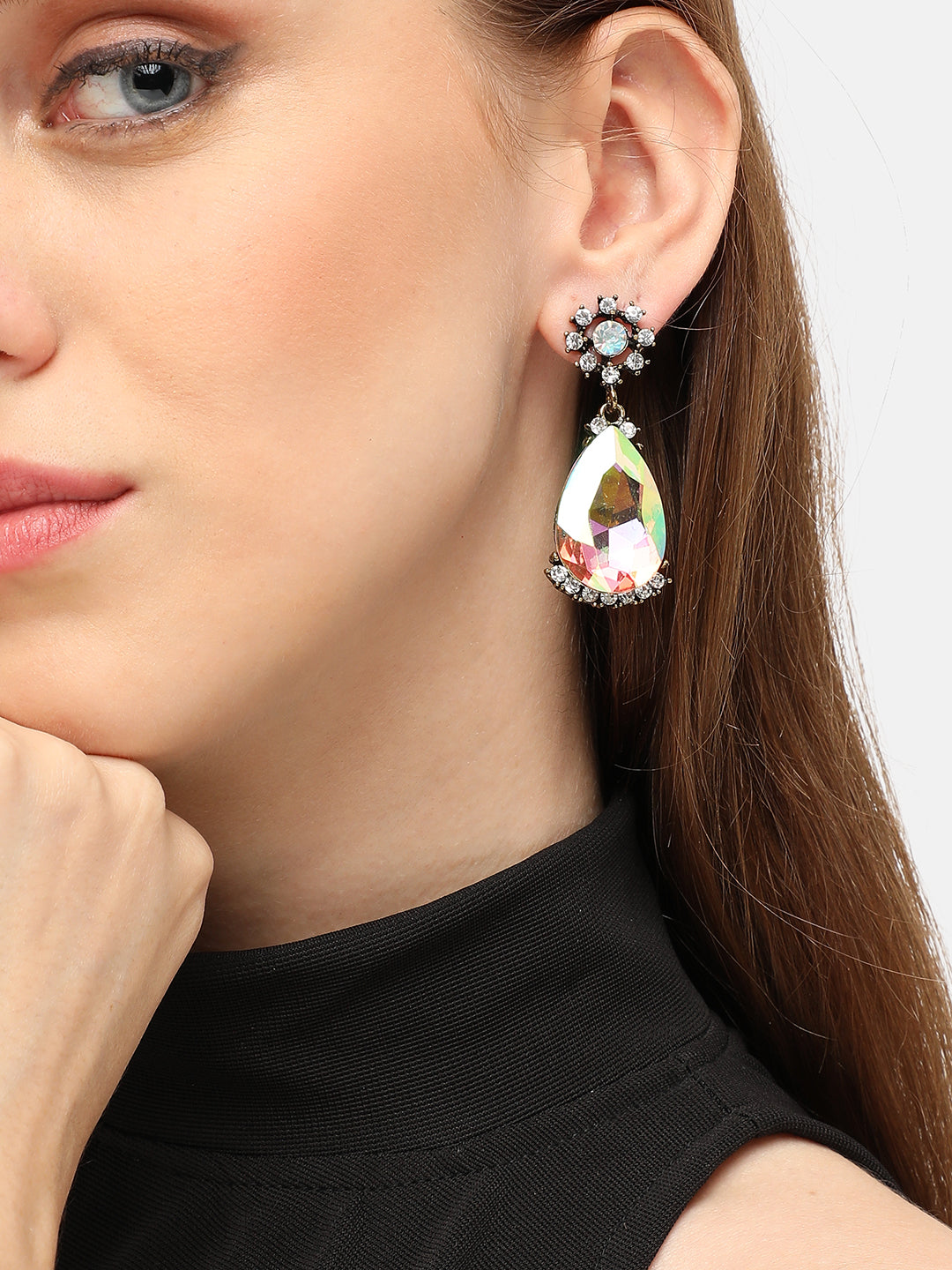 GOLD PLATED PARTY DESIGNER STONE DROP EARRING FOR WOMEN