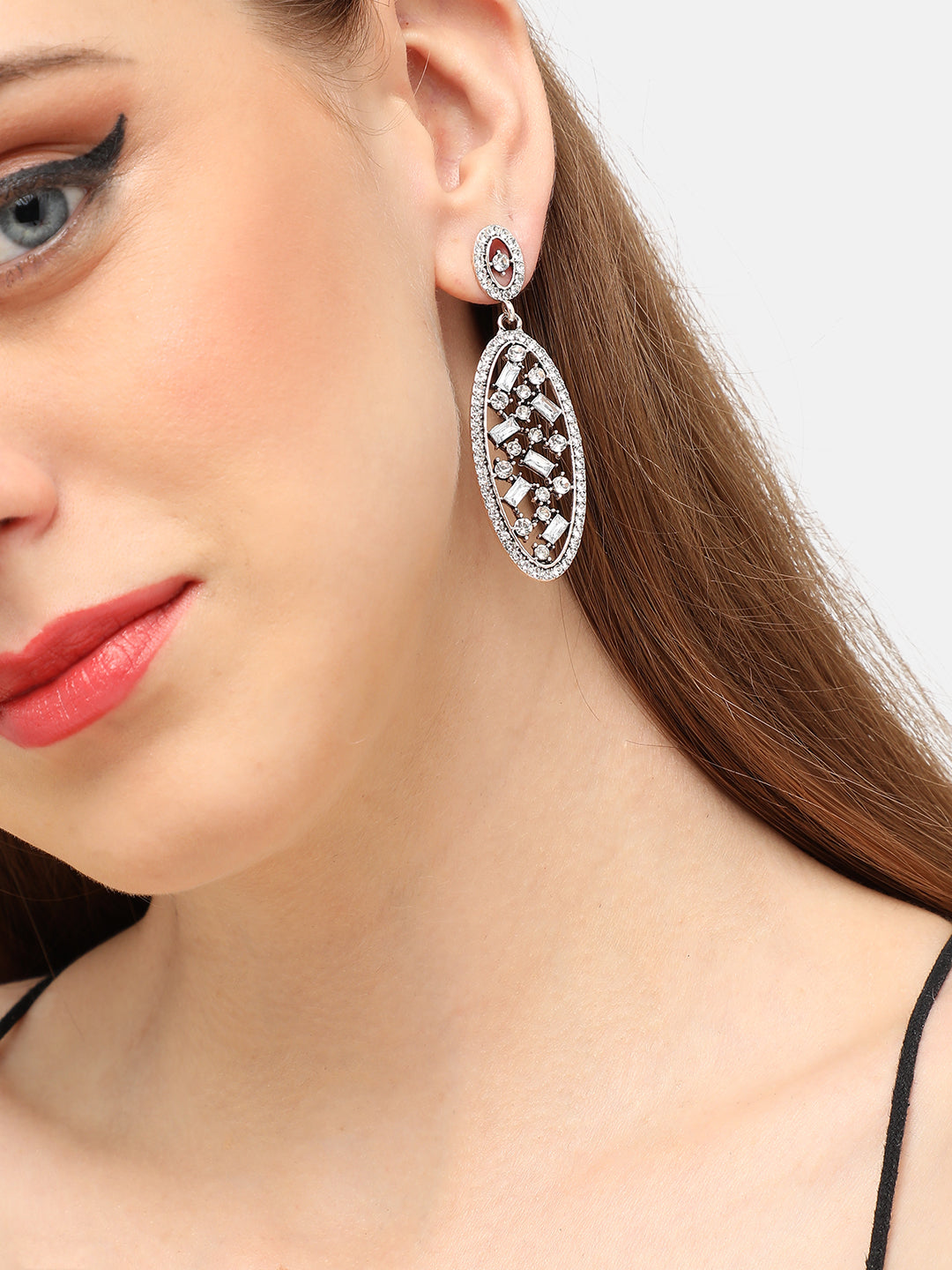 SILVER PLATED PARTY DESIGNER STONE DROP EARRING FOR WOMEN