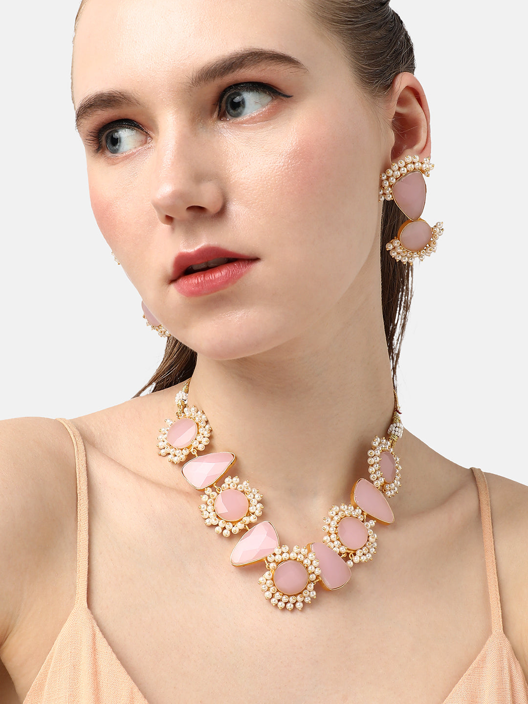 GOLD PLATED DESIGNER STONE BEADED NECKLACE AND EARRING SET