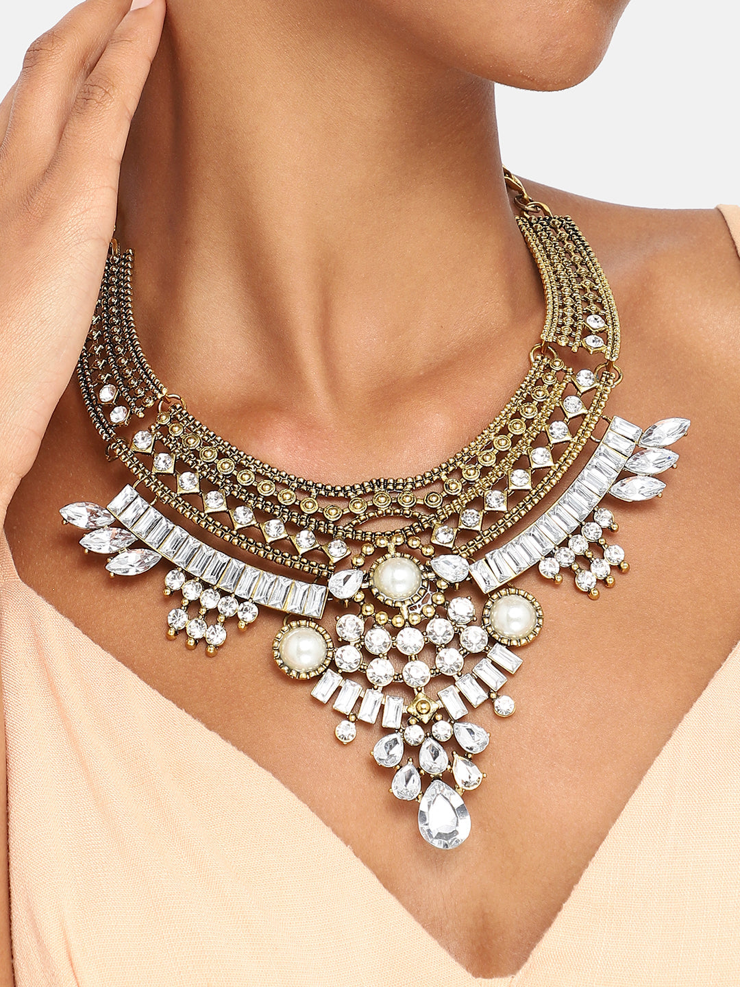 GOLD PLATED PARTY DESIGNER STONE STATEMENT NECKLACE FOR WOMEN