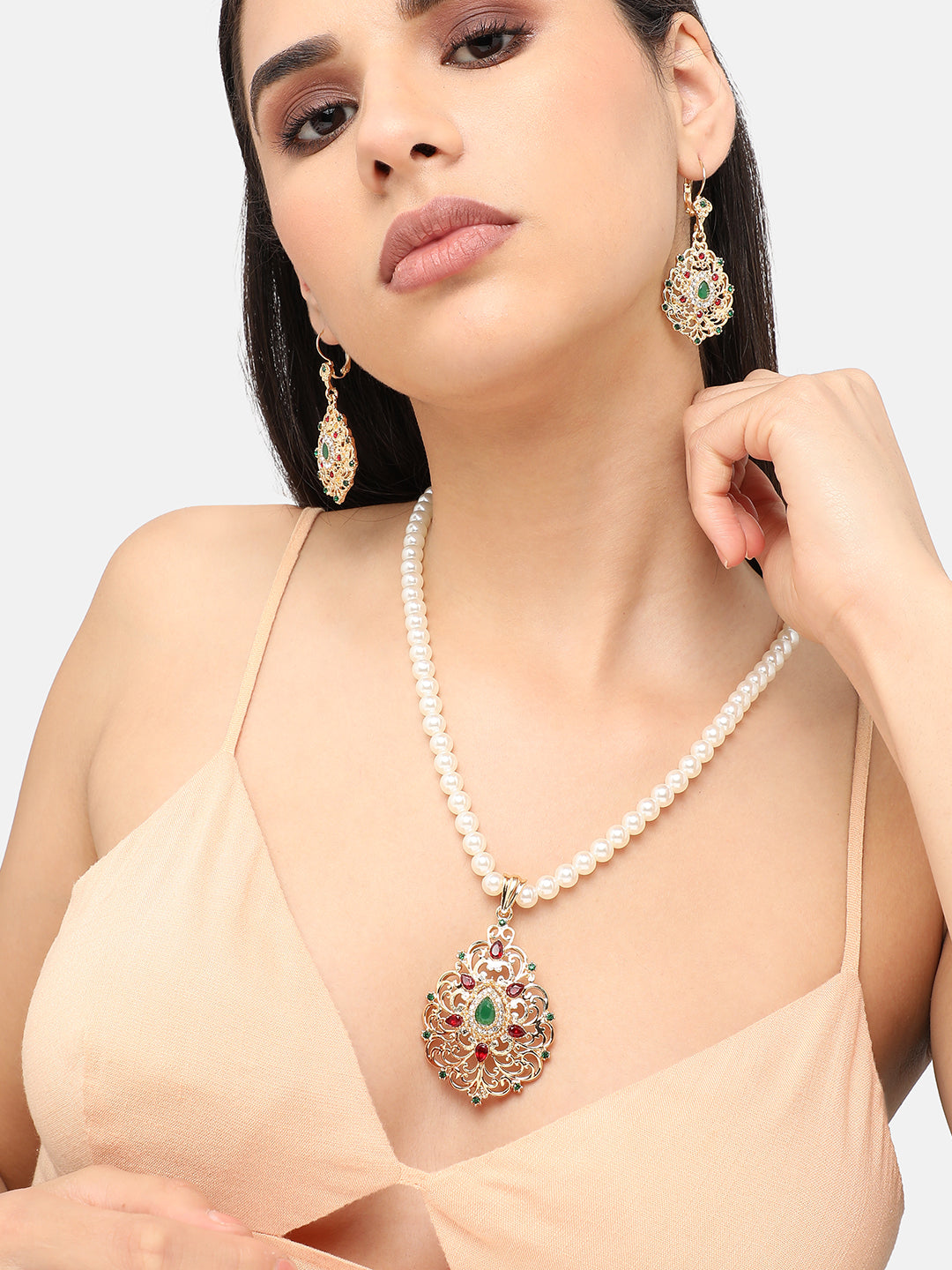 Gold Plated Pearls Party Necklace and Earring Set For Women