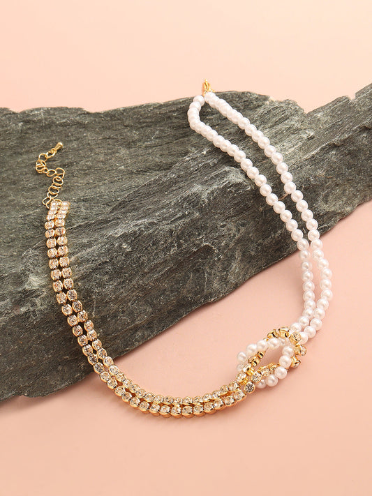 GOLD PLATED PARTY PEARLS LAYERED NECKLACE FOR WOMEN