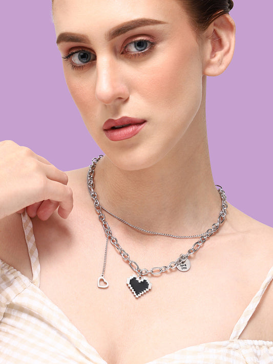 SILVER PLATED PARTY DESIGNER STONE LAYERED NECKLACE FOR WOMEN