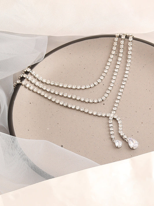 SILVER PLATED PARTY DESIGNER STONE LAYERED NECKLACE FOR WOMEN