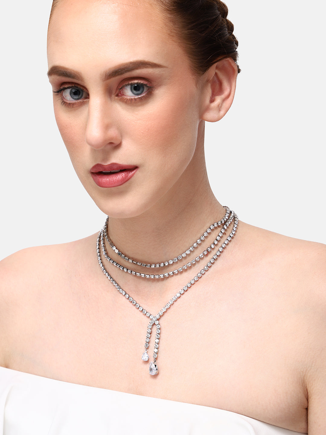 SILVER PLATED PARTY DESIGNER STONE LAYERED NECKLACE FOR WOMEN