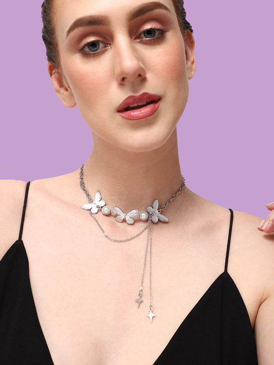 SILVER PLATED PARTY DESIGNER STONE LAYERED NECKLACE FOR WOMEN