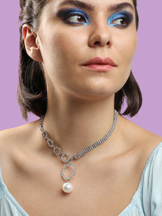 SILVER PLATED PARTY DESIGNER STONE LONG NECKLACE FOR WOMEN