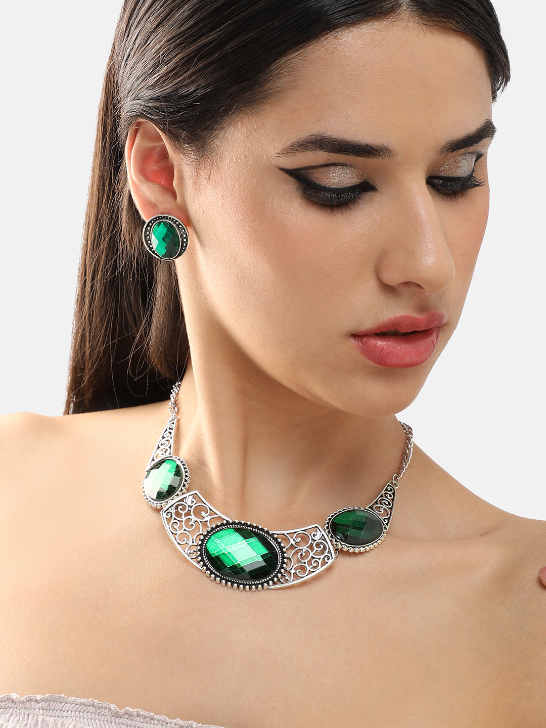 SILVER PLATED PARTY DESIGNER STONE NECKLACE AND EARRING SET FOR WOMEN