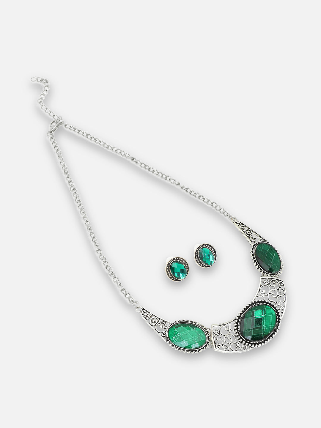 SILVER PLATED PARTY DESIGNER STONE NECKLACE AND EARRING SET FOR WOMEN