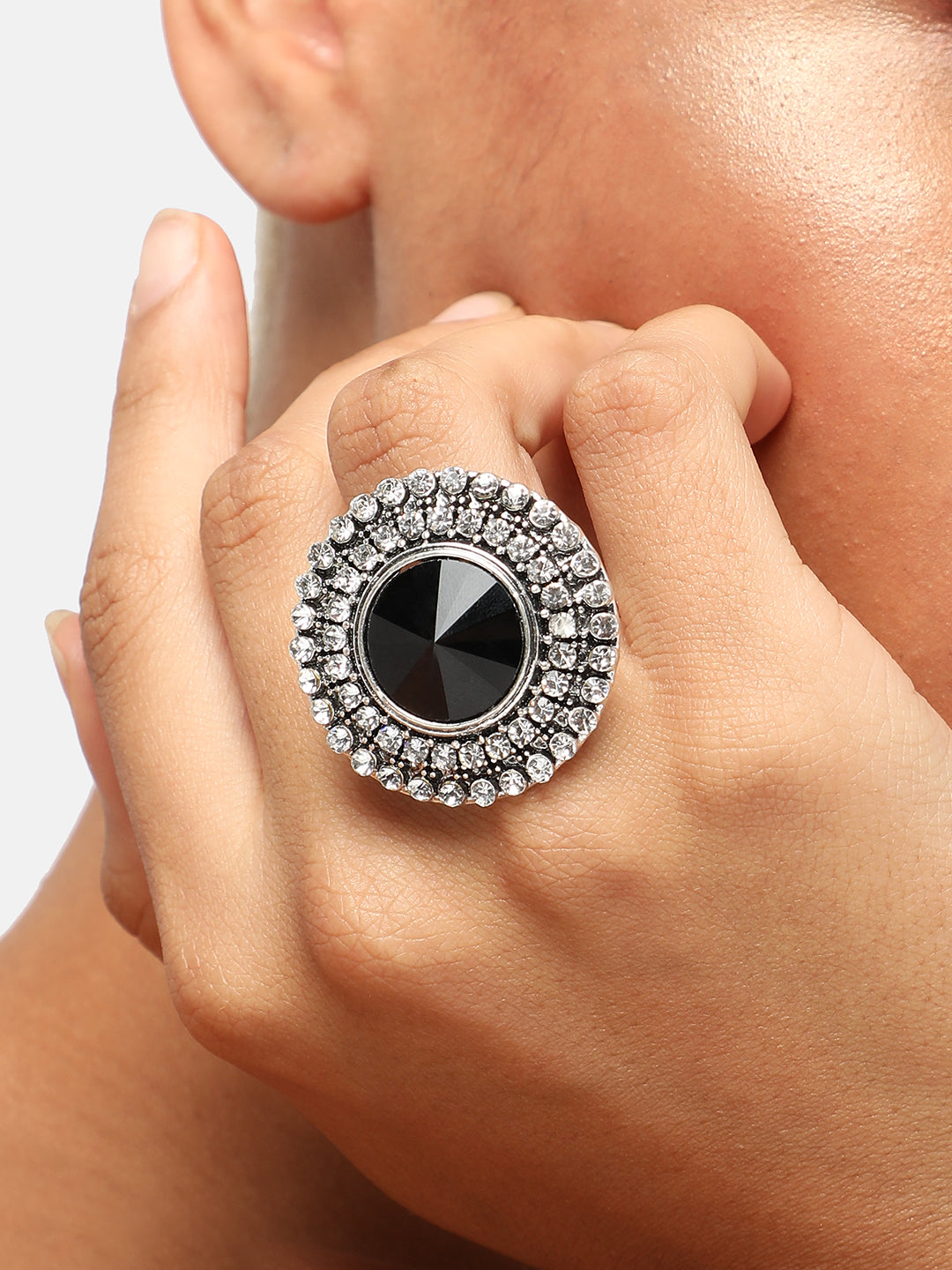 SILVER PLATED PARTY DESIGNER STONE RING FOR WOMEN