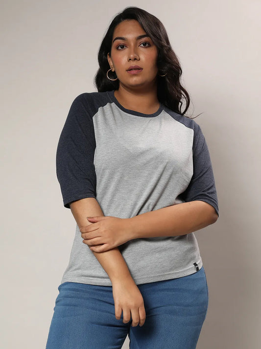 Light Grey & Prussian Blue Raglan Sleeve Top