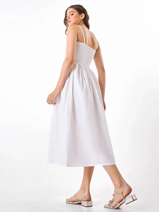 Dewdrop Smock Casual White Midi Dress Zumee